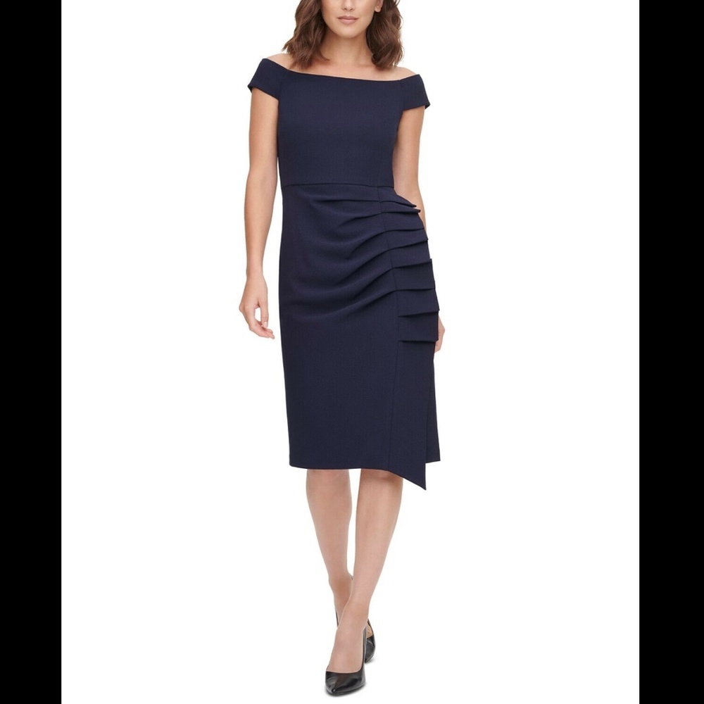 NWT Eliza J [ 4 ] Off‎ the Shoulder Pleat Ruched Dress in Navy Blue - Picture 2 of 12